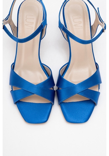 Melin Sax Mavi Saten Çapraz Bantlı Kadın Topuklu Ayakkabı Saks Mavi