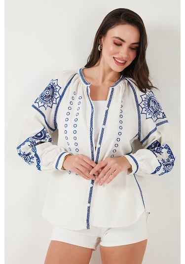 Lela Nakışlı Oversize Fit Pamuklu V Yaka Bayan Gömlek 676242 Ekru
