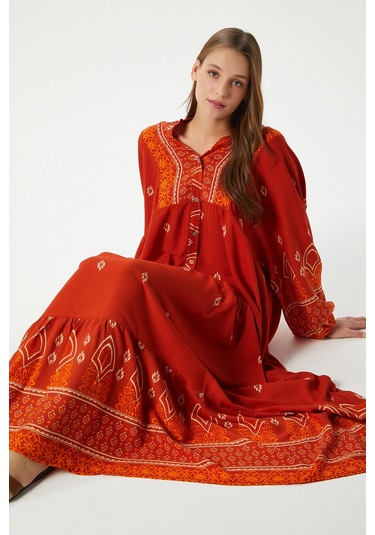 Modest Kadın Andrea Turuncu %100 Viskon Maksi Boy Yazlık Elbise Turuncuekrubej Çok Renkli