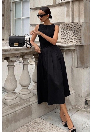 Siyah Pileli Cepli Kadın Midi Boy Etek Mg2536 Siyah