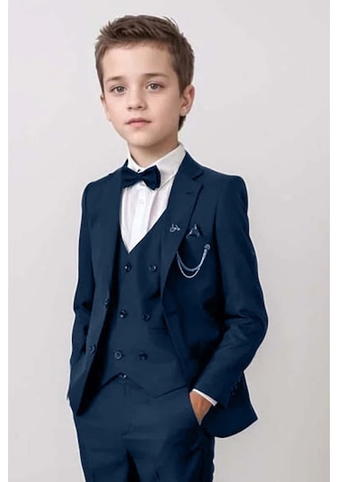 Riccotarz Erkek Çocuk Blazer Ceketli, Cepken Yelekli Lacivert Takım Elbise 5-9 Yaş Lacivert