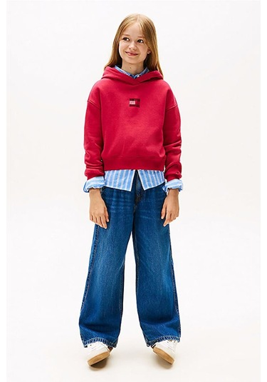 Kız Çocuk Rahat Kalıp Taşlı Amblemli Kapüşonlu Sweatshirt - Kırmızı Ruby Rhubarb