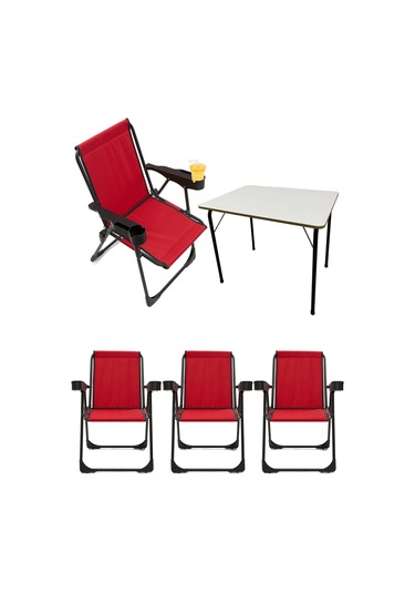 Silva 4 Adet Kamp Sandalyesi Bardaklıklı Lüks Kırmızı + MDF Masa Kırmızı
