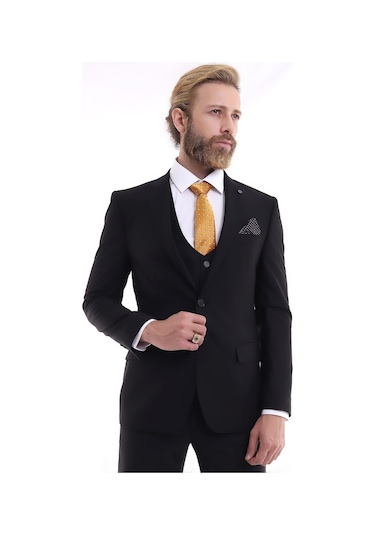 Presto Erkek Yelekli Slimfit Takım Elbise 6 Drop Siyah 581-001 Siyah