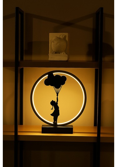 Balonla Uçan Kız Figürlü Kablolu Led Masa Lambası Sanatsal Dekoratif Gece Işığı Balonkız