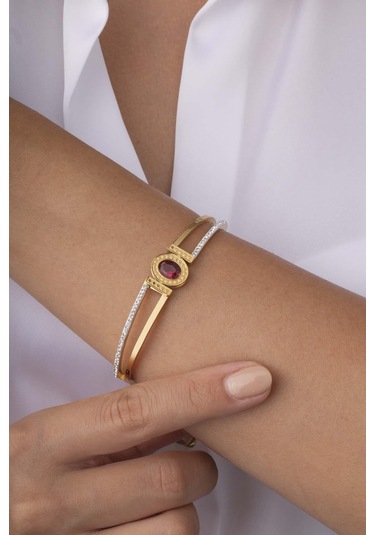 Gümüş Pazarım Kırmızı Taşlı Çift Şeritli Altın Kaplama Kadın Çelik Kelepçe Bileklik Renkli