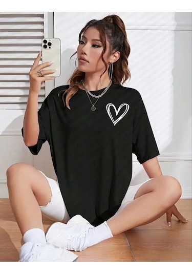 Bisiklet Yaka Baskılı Oversize T-shirt - Siyah