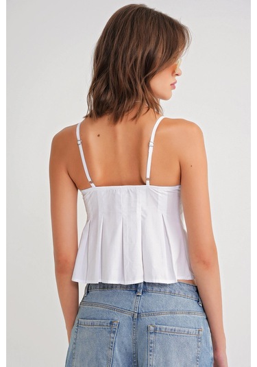 4737 Kadın Düğmeli Kuplu Pileli Bluz Beyaz Beyaz