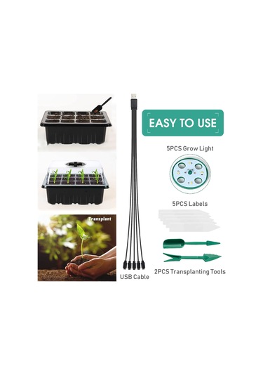 5 Adet Bitki Tohumu Başlangıç Tepsisi, Tohum Ekimi İçin Büyüme Işıkları, 60 Fidana Hücre Organik Bitki Başlangıç Kiti, 5 Etiket, 2 Nakil Aracı İle Yeşil