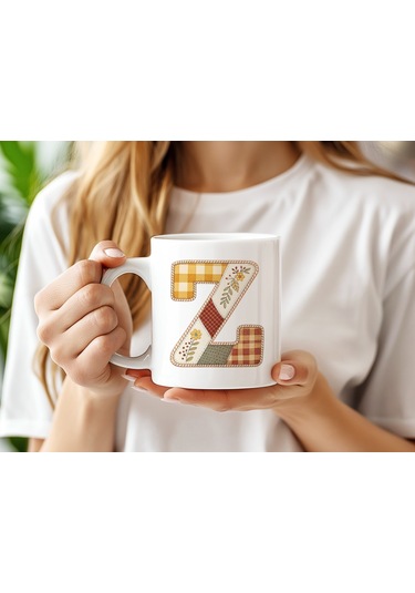 Z Harfi Sonbahar Kış Temalı Yamalı Tasarım Kupa Bardak - Etnik Ve Pathwork Severlere Özel Hediye Beyaz