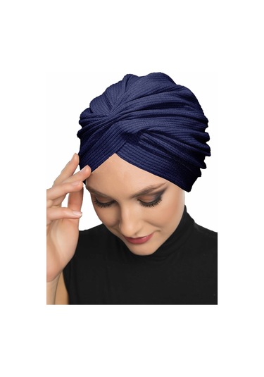 Çapraz Fitilli Penye Lacivert Hazır Türban Tesettür Havuz Bonesi Lacivert