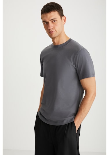 Mıchel Erkek Slim Fit Dar Kesim %100 Organik Pamuklu Yana Kayan Dikişli Basic Örme Koyu Gri T-shirt