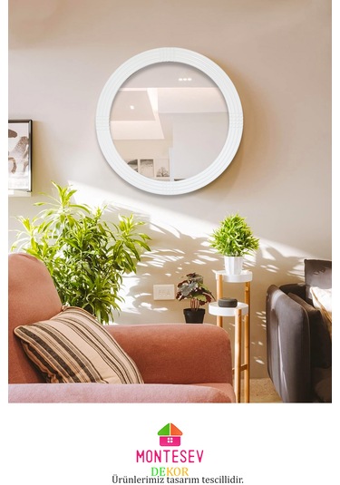 Safir Ahşap Beyaz Yuvarlak Ayna Işlemeli Duvar Banyo Aynası 69 Cm