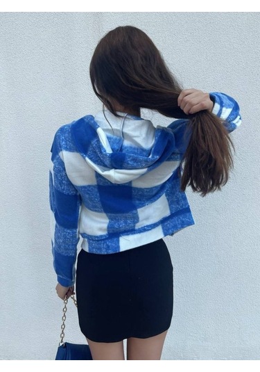 Kapşonlu Ekose Polar Crop Ceket -mavi Karışık