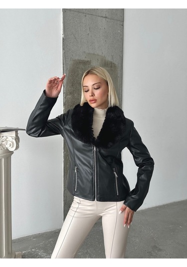 Kadın Deri Mont Siyah