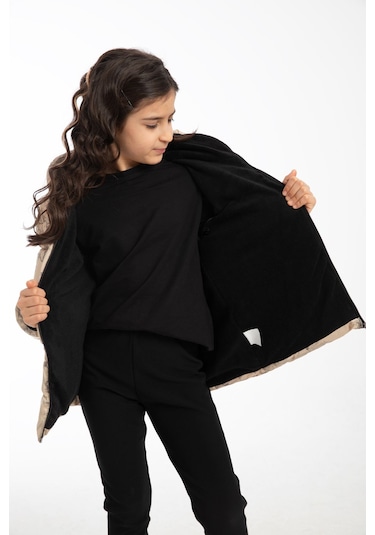 Freemen Kız Çocuk Bej Pusula Desen Polar Su Ve Rüzgar Geçirmez Kapüşonlu Şişme Kışlık Mont Bej