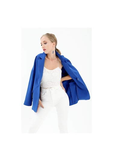 Düşük Omuz Kemerli Atlas Kumaş Blazer Ceket - Saksmavisi-saksmavisi Saks Mavisi