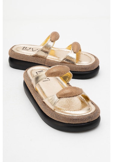 Fınery Altın Taşlı Tokalı Kadın Kalın Tabanlı Terlik Altın