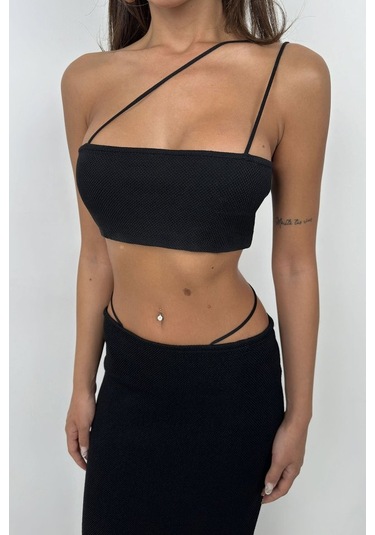 İp Detay Dokulu Maxi Etek Siyah