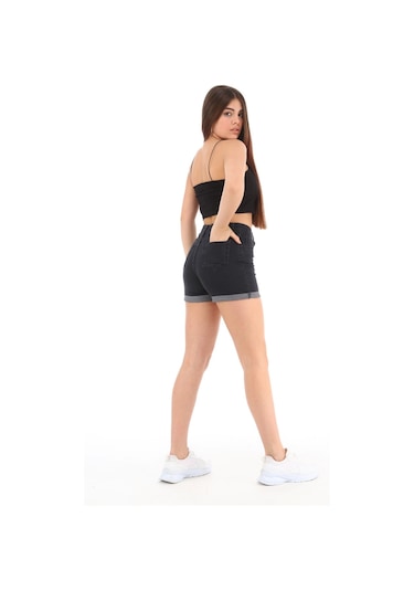 Cedy Denim Kadın Yüksek Bel Duble Paça Kot Şort Klasik Mini Jean Şort C604 Antrasit