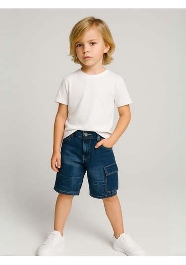 Çocuk Kargo Cepli Kot Şort-16005 Lacivert