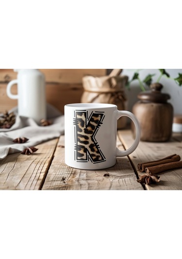 K Baş Harf Leopar Desenli Kupa Bardak - Kişiye Özel Feminen Konsept Hediye - Vahşi Hayvan Desenli Beyaz