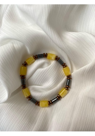 İlknur Doğal Taş Evi Kehribar Ve Hematit Bileklik Sarı - Siyah