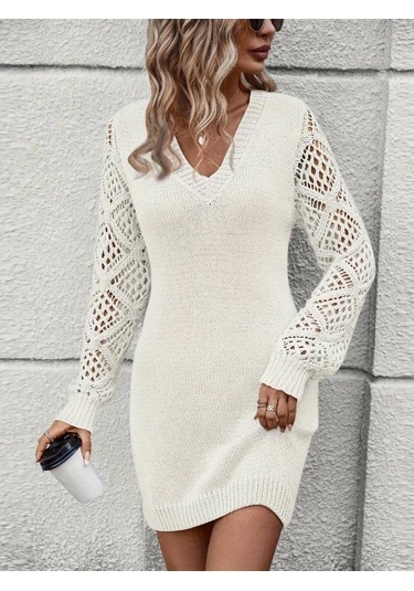 Kadın Uzun Kollu V Yakalı Mini Triko Elbise Beyaz