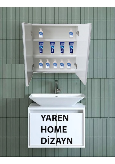 Lavabo Üstü Aynalı 2 Kapaklı Banyo Dolabı Beyaz
