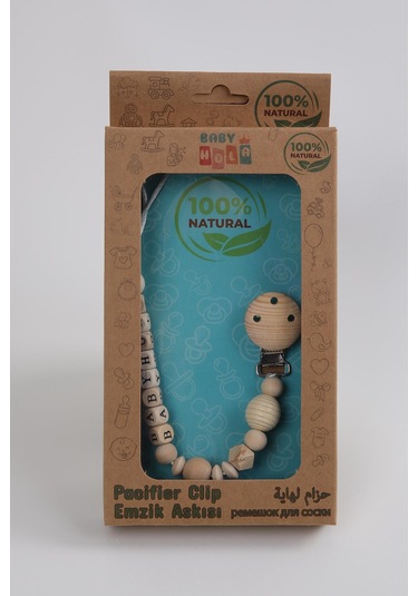 Ahşap Organik Emzik Askısı Babyhola Yazılı Beyaz - Mavi