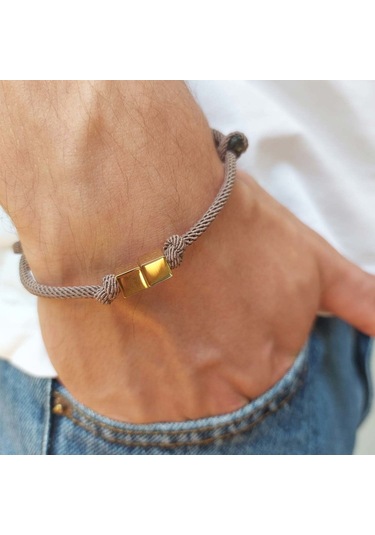 Altınbeyı İki Küplü Koyu Bej İpli Erkek Bileklik 14 Ayar Altın Sarı Altın