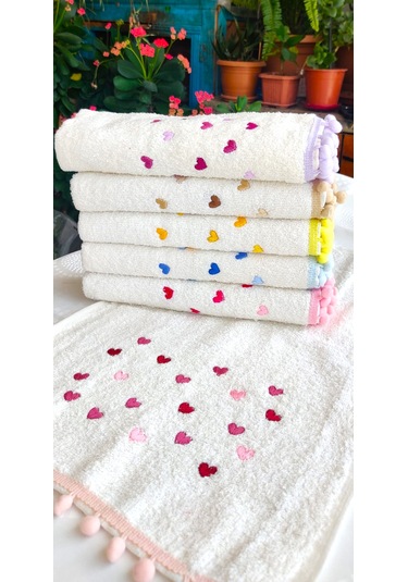 Annem 30x50 Cm. 6'lı Set Kalp Nakışlı Ponponlu Bukle Havlu Set