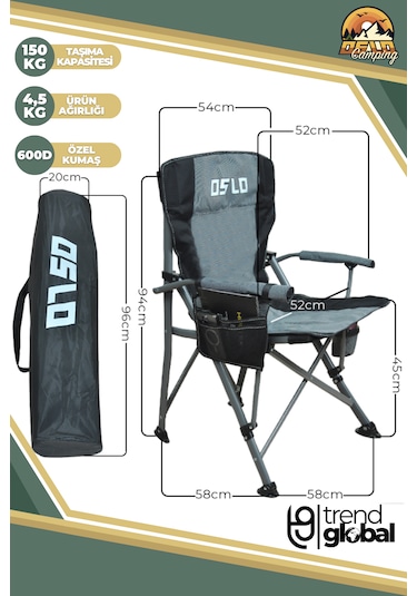 Oslo Lüks Katlanabilir Kamp Sandalyesi Gri