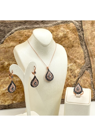 Elmas Montür Rosegold Damla Gümüş Set Takım - Lvrset08 Rose Gold