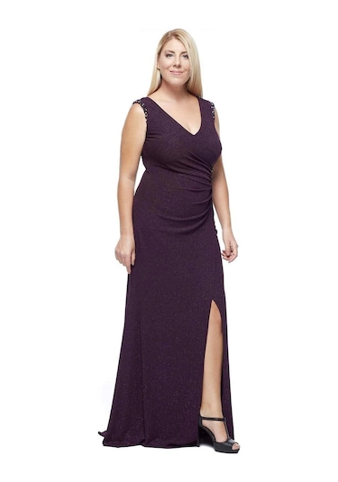 Moda Berray 8004 Omuz - Bel Işleme Kruvaze Abiye Elbise Mürdüm Mürdüm