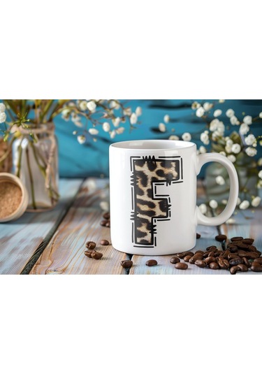 F Baş Harf Leopar Desenli Kupa Bardak - Kişiye Özel Feminen Konsept Hediye - Vahşi Hayvan Desenli Beyaz