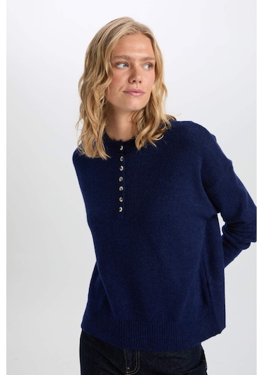 DeFacto Oversize Geniş Kalıp Düğmeli Yaka Triko Kazak D4913AXNSNV131 Lacivert