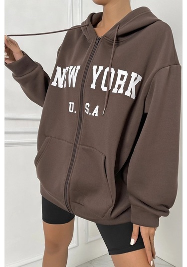 Modagen Unisex Kahverengi Newyork Baskılı Oversize Hırka Kkahverengi