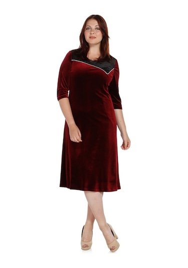 Nidya Moda Kmbinli Abiye Kadife Elbise 4073B Bordo