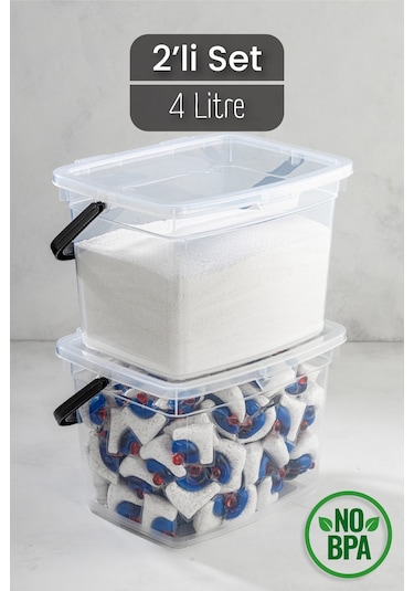 Vienev 2li 4 Litre Toz Tablet Deterjan Saklama Kabı - Deterjan Kutusu, Toz Tablet Deterjan Kabı Beyaz