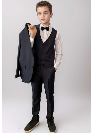 Riccotarz Erkek Çocuk Blazer Ceketli, Cepken Yelekli Siyah Takım Elbise 10-16 Yaş Siyah