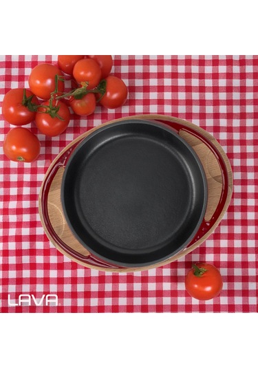 Lava Döküm Yuvarlak Sahan Döküm Demir Yekpare Çift Kulplu Kayın Servis Ahşabı Çap Ø 16cm.-bordo Bordo