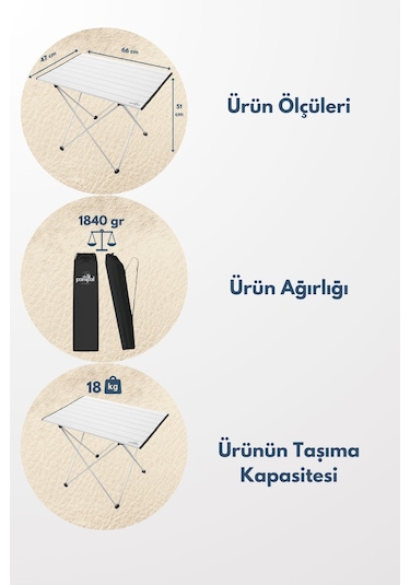 Panipal Alüminyum, Katlanabilir Kamp Ve Piknik Masası, Taşıma Çantalı M Gri