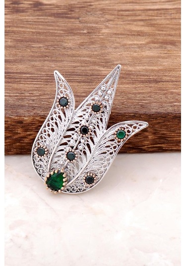 Telkari İşlemeli Lale Tasarımlı Gümüş Broş 317