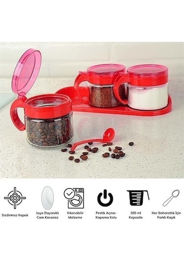N&m Store Kırmızı 3lü Standlı Kapaklı Kaşıklı Cam Hava Sızdırmaz Baharatlık Takımı Kc-386 Çok Renkli