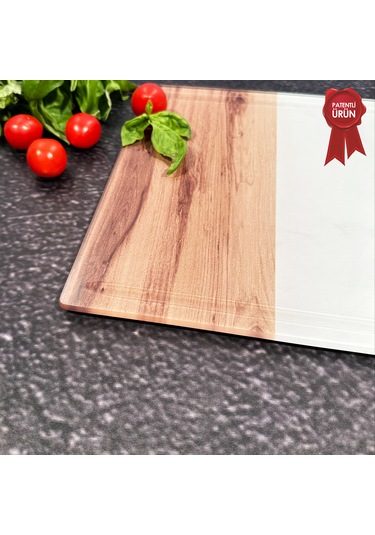 Kanallı Cam Kesme Tahtası - Kenarı Ahşap - Kenarı Oval - 25x35cm