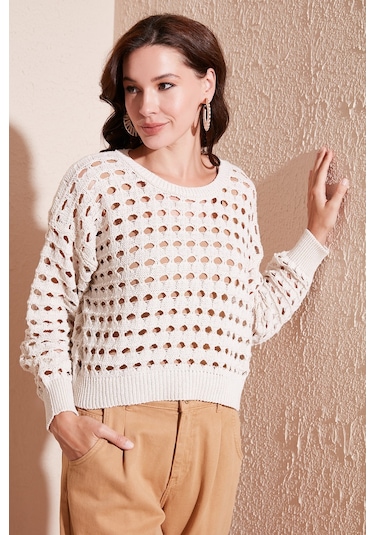Lela Ajurlu Triko Örme Bayan Kazak 6071533 Ekru