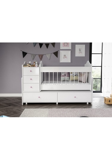 Angel Beşik Büyüyebilen Pembe Kulplu Komidinli Beyaz