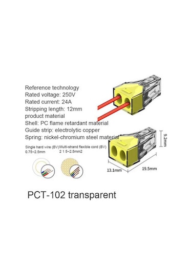 Koodmax 100 Adet Pct-102 2 Pinli İtmeli Hızlı Kolay Kablo Tel Birleştirici Konnektör Vidasız Klemens