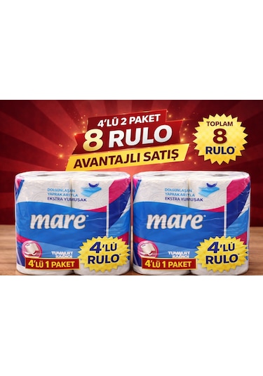 Mare Tuvalet Kağıdı 4'lü Rulo 2 Paket Ekstra Yumuşak Çift Katlı Dayanıklı Tuvalet Kağıdı